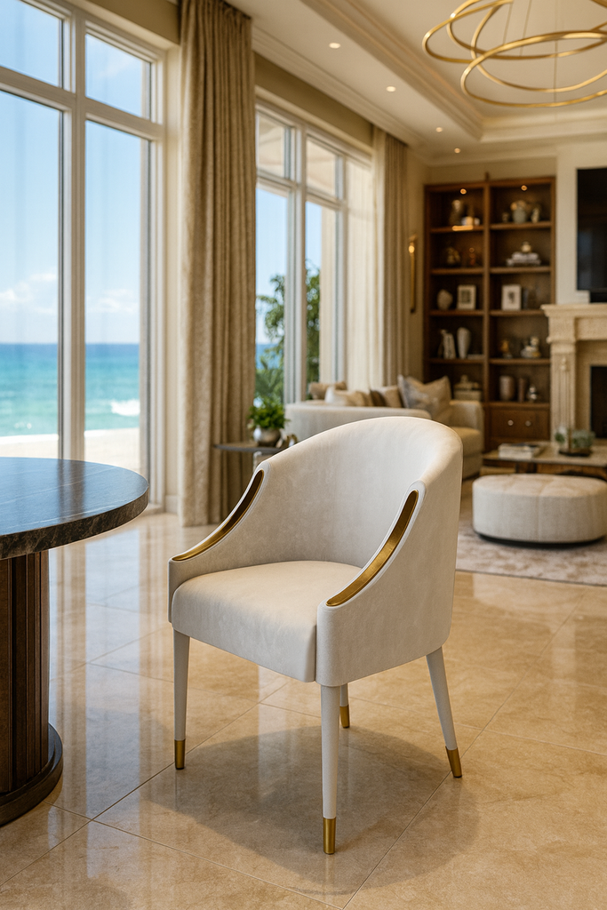 Cream-colored upholstered Hestia Dining Chair with gold trim and leg caps