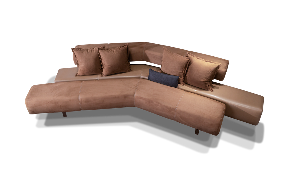 Nice angled sofa with large L-shaped sectional and plush cushions in beige color