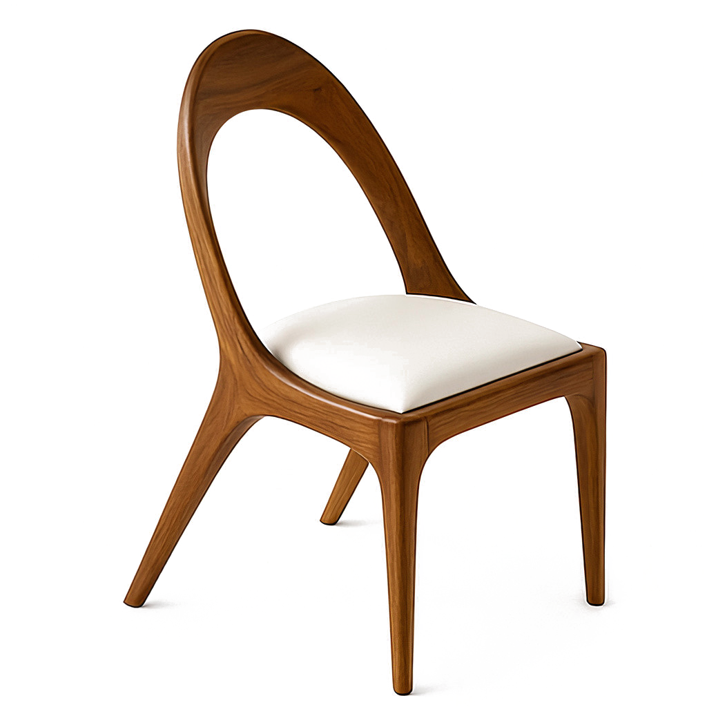 Nyks Dining Chair with curved wooden frame and white upholstered seat