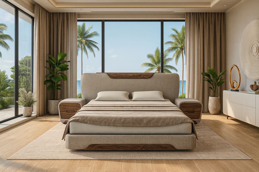 Beige upholstered Calindra Bed with wooden headboard and base for stylish bedroom decor