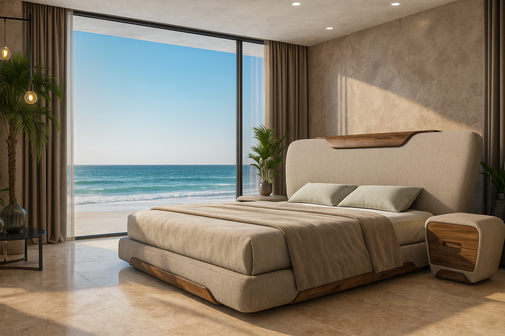 Modern upholstered Calindra Bed with wooden headboard shelf and integrated accents