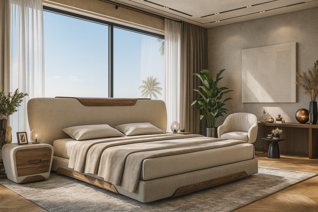 Luxurious neutral-toned Calindra Bed with padded upholstery headboard and matching bedside tables