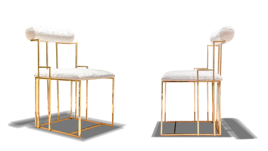 REIMS CHAIR modern gold-framed chairs with white fluffy cushions for stylish seating
