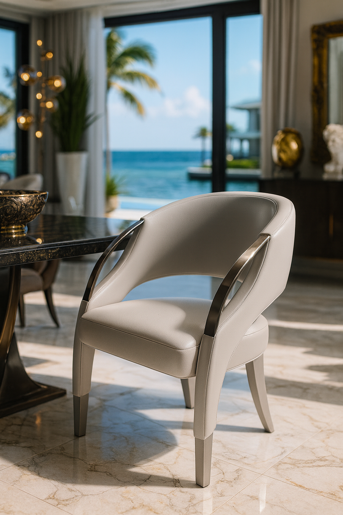 White Metis Dining Chair with light gray upholstery and curved metal armrests