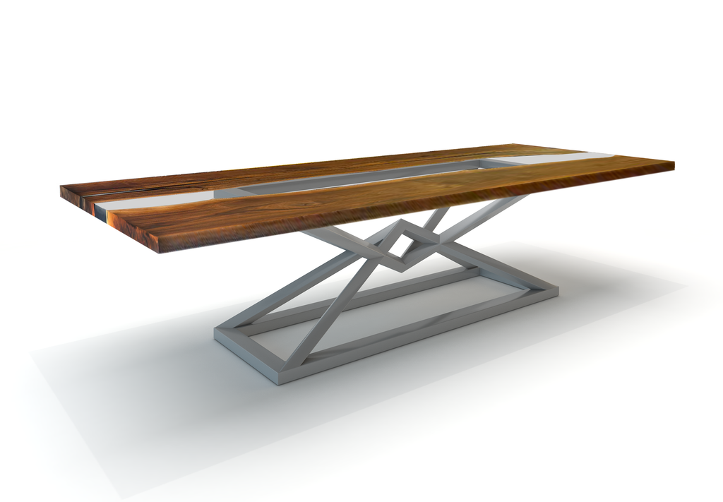 Abruzzo Walnut Dining Table with glossy gray geometric metal base and light wood resin top
