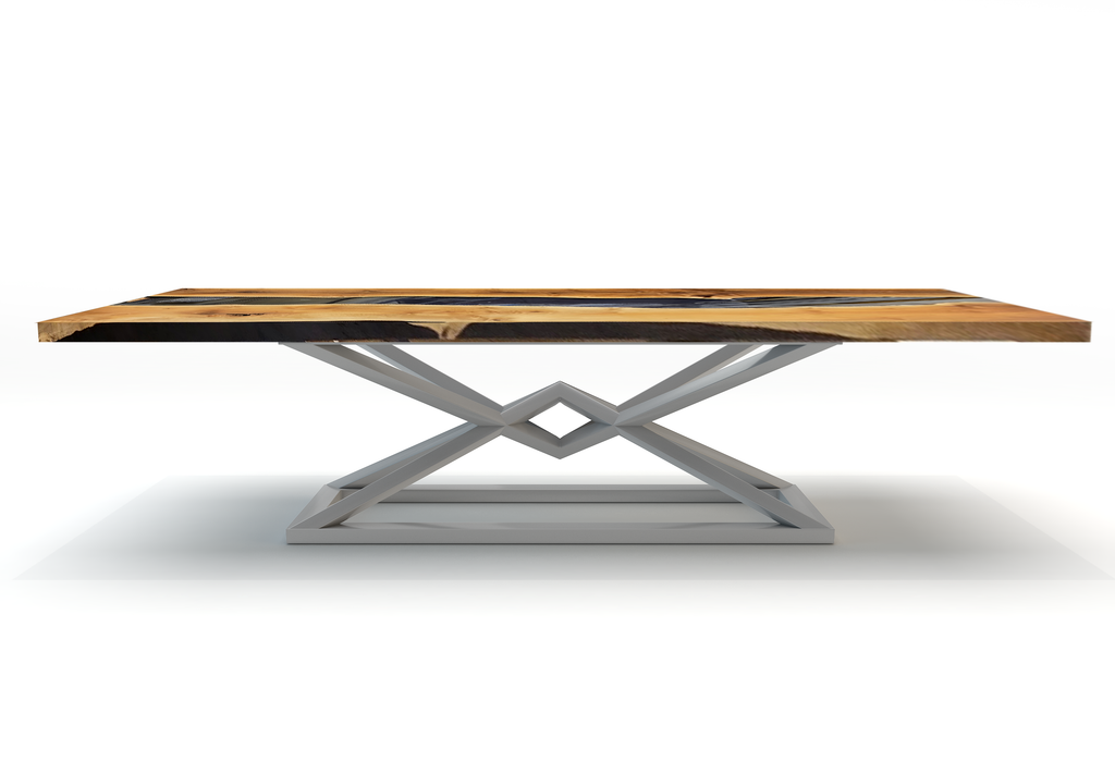 Abruzzo Walnut Dining Table with glossy black resin and silver geometric metal base