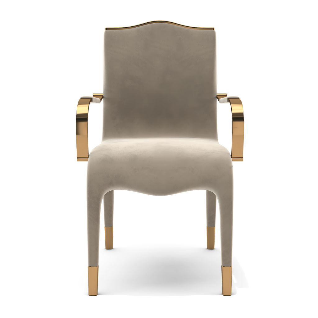 Elyas Dining Chair with luxurious light grey upholstery and gold trim for elegant dining