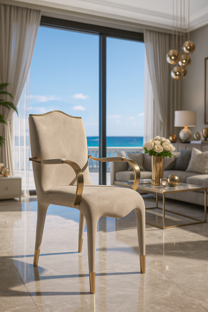 Elyas Dining Chair with cream velvet upholstery and gold trim and armrests