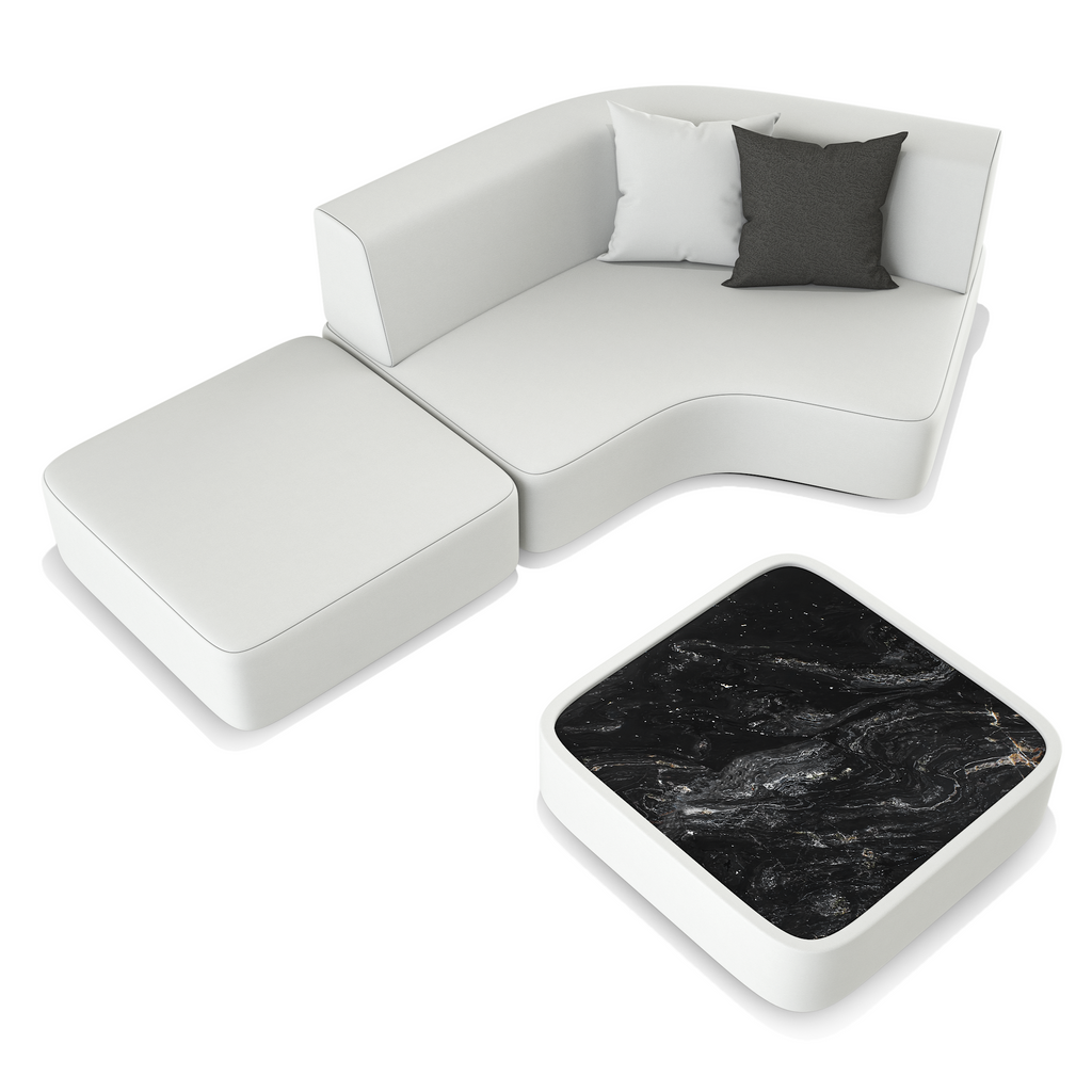 White modular outdoor sofa with black marble-top coffee table from Arditi Collection® Orpheus Sectional Outdoor Set