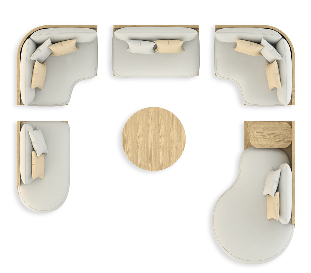 Modular light-colored upholstered sofa set with wooden coffee table from Arditi Collection® Alkandros Sectional Outdoor Set