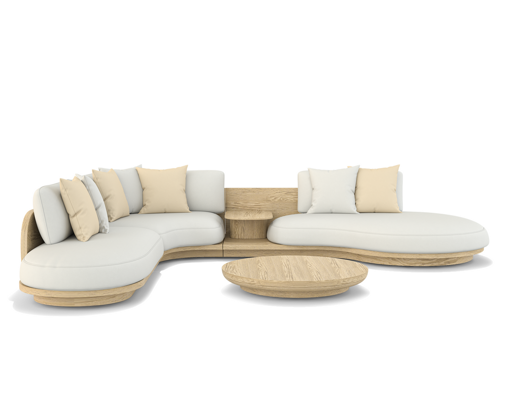 Alkandros Sectional Outdoor Set from Arditi Collection® with light wood bases and off-white cushions