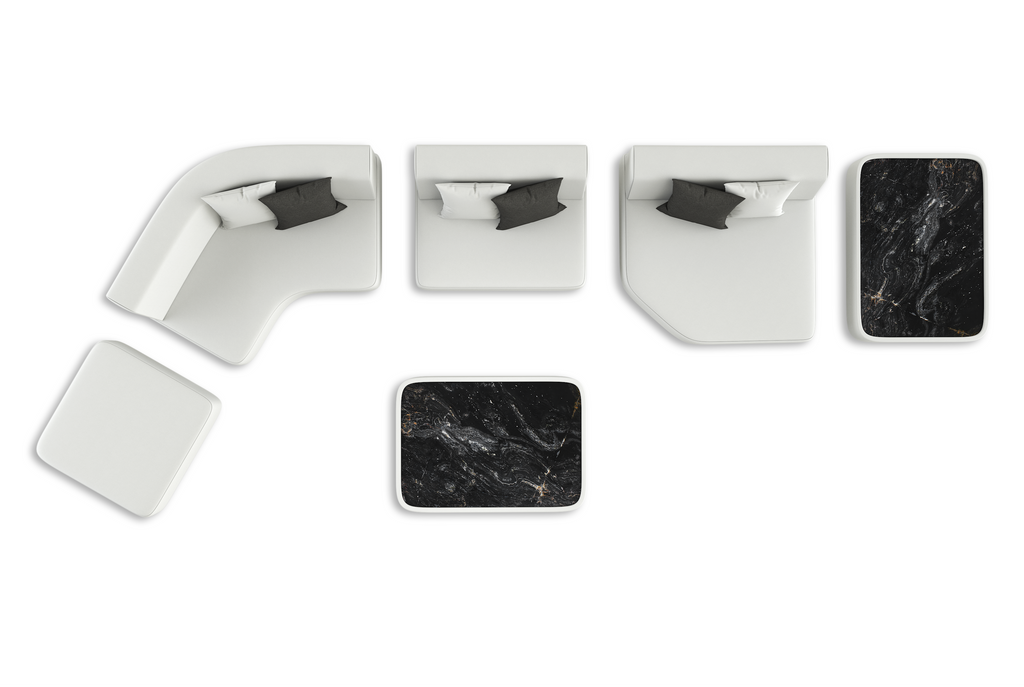 Modular white sectional outdoor sofa with black marble-top tables from Arditi Collection® Orpheus Sectional Outdoor Set