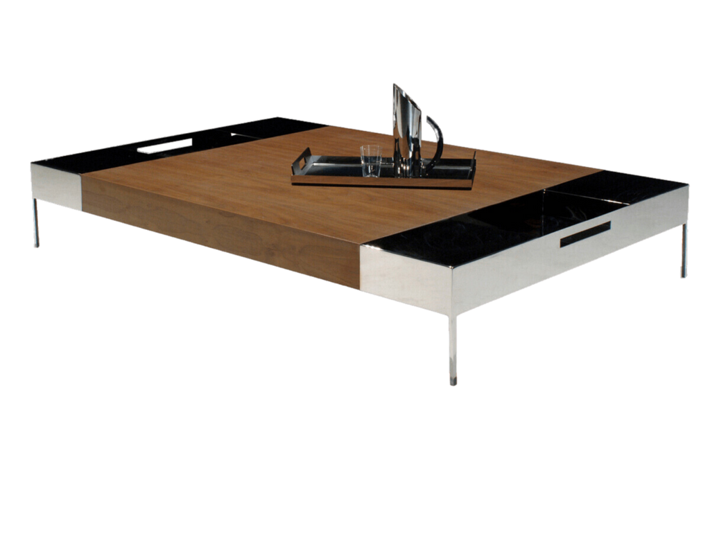 Shanghai Table coffee table with light brown wooden top, black accents, drawer, chrome legs