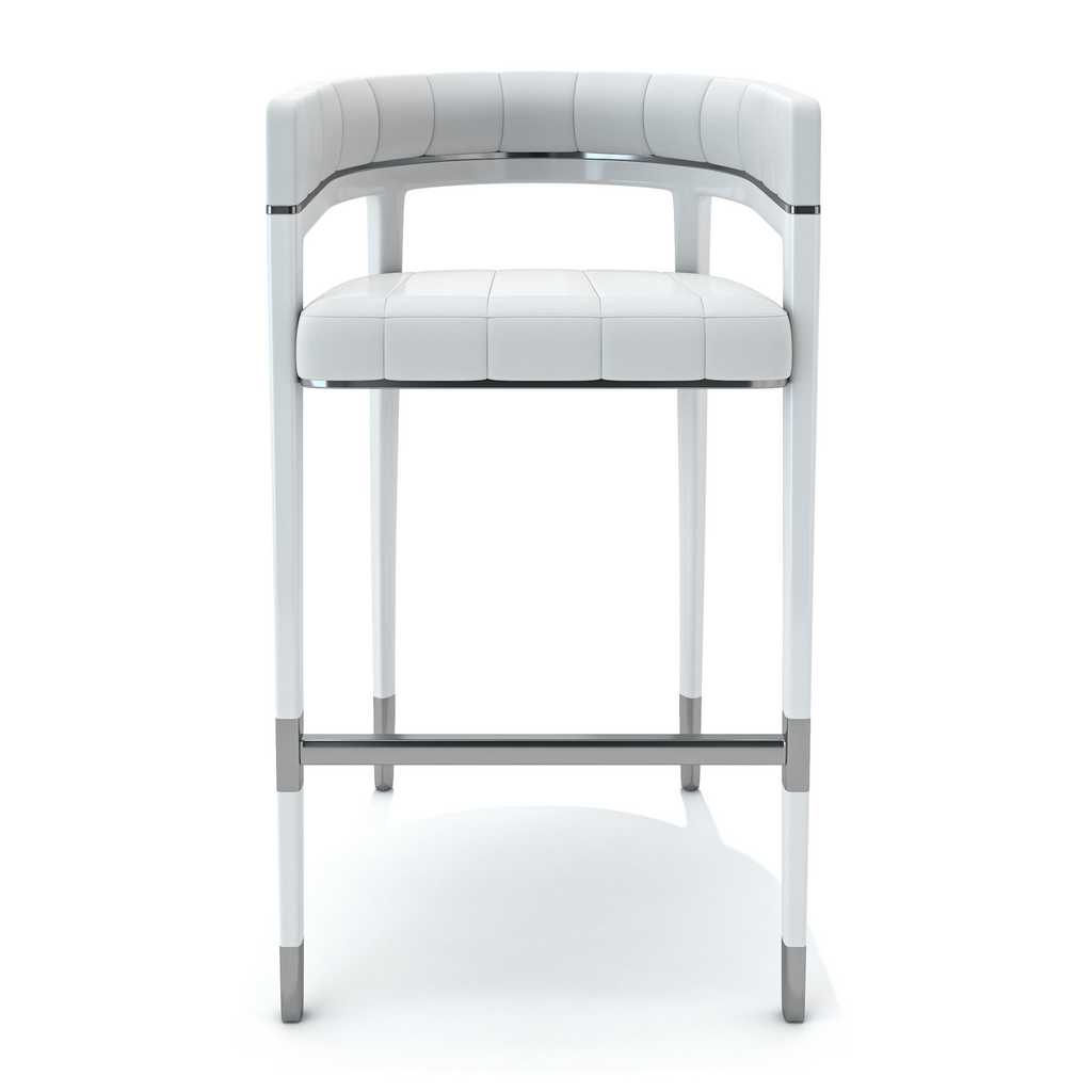 White Callista Counter Bar Chair with tufted leather seat and metal accents