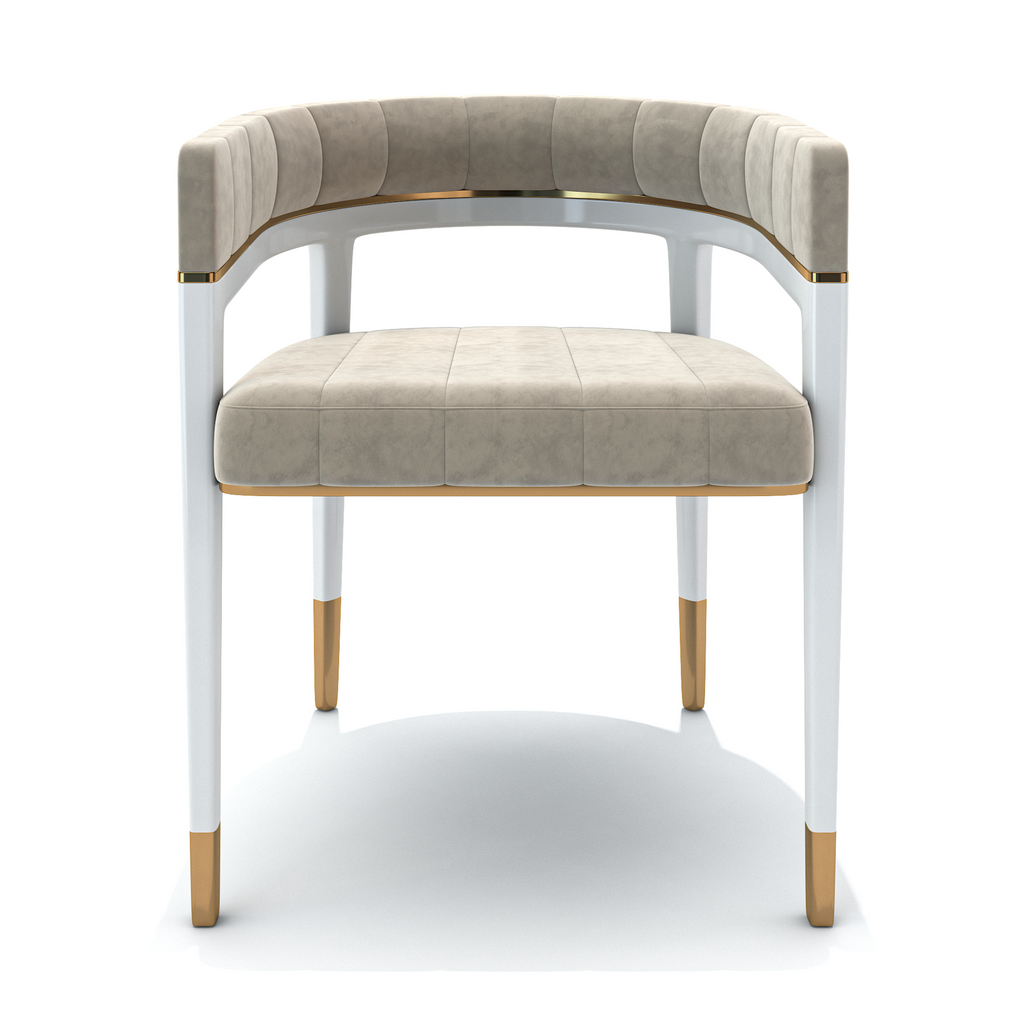 Beige Callista Dining Chair with beige upholstered seat and back, white frame, gold accents