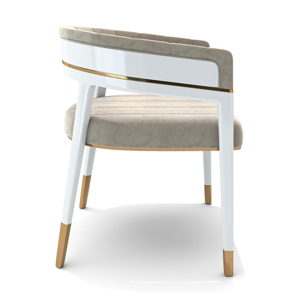 Beige Callista Dining Chair with white frame gold accents and light beige upholstery