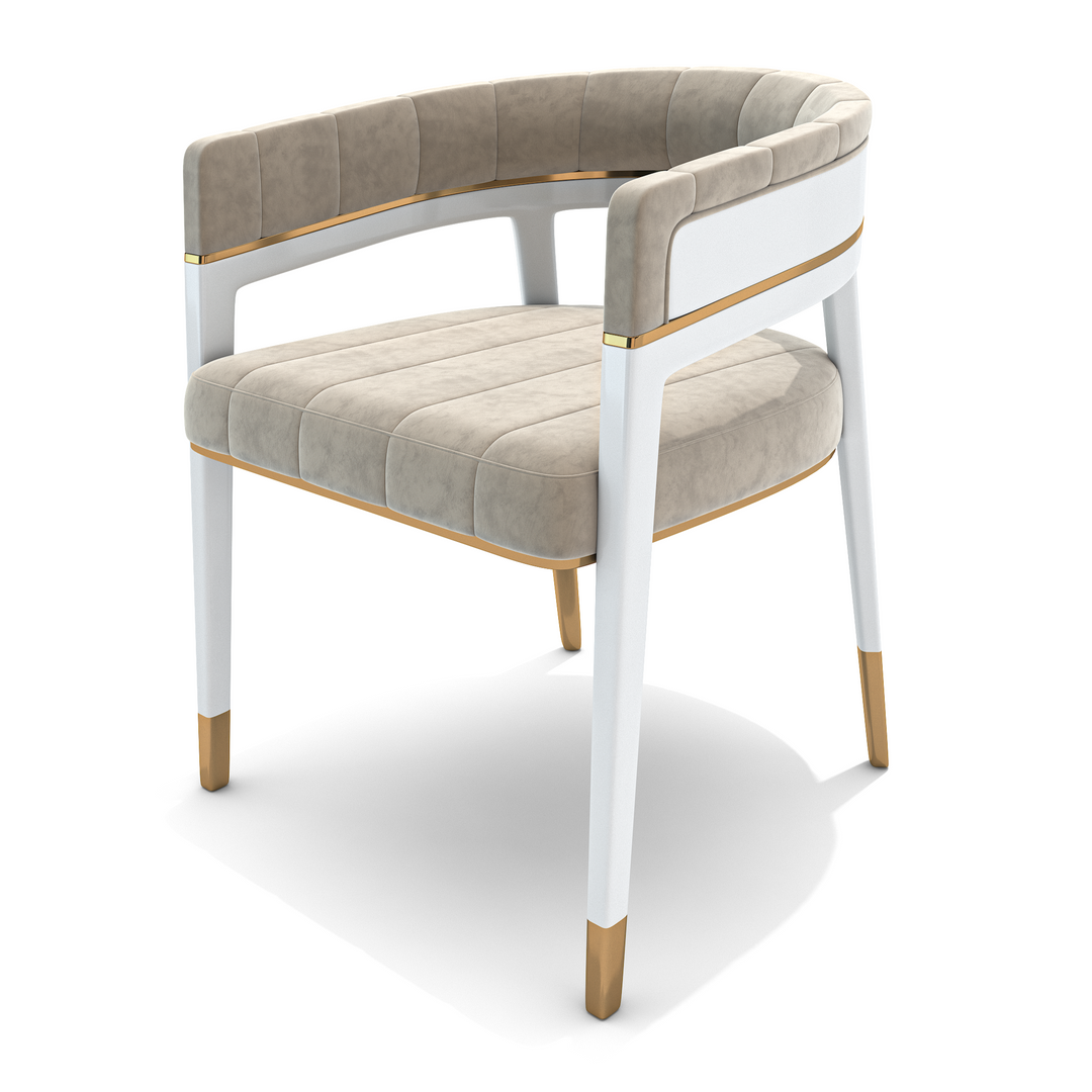 Beige Callista Dining Chair with upholstered seat, white wood frame, gold accents