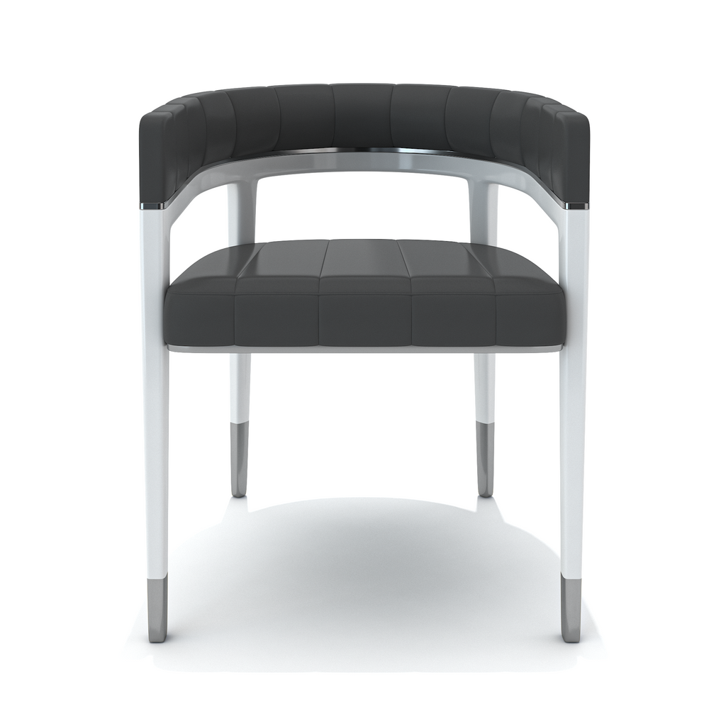 Black Callista Dining Chair with dark gray upholstery, curved backrest, and white legs