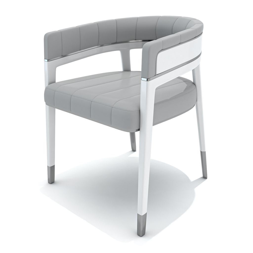 Gray Callista Dining Chair with light grey upholstery, white wood frame, and metallic accents
