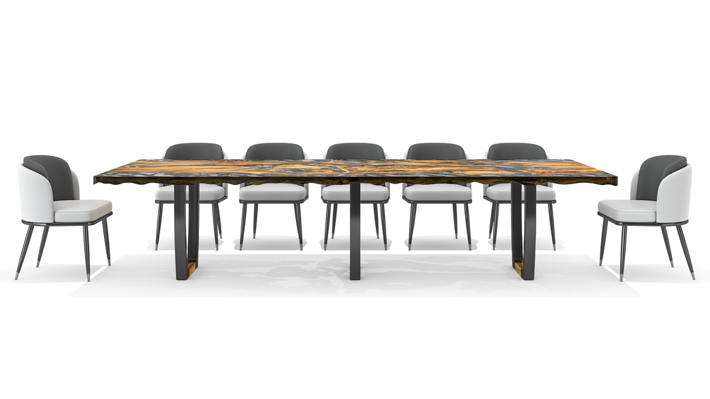 White Ariane dining set with live-edge wood table and eight upholstered Ariane dining chairs