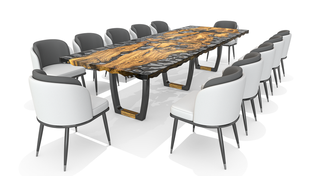 White Ariane dining chair surrounding a long live-edge wood and resin table