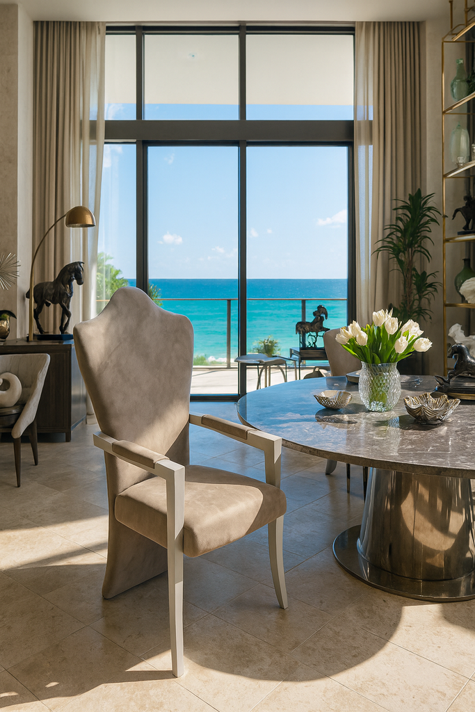 Themis Dining Chair with beige upholstery and light wooden frame for elegant dining rooms