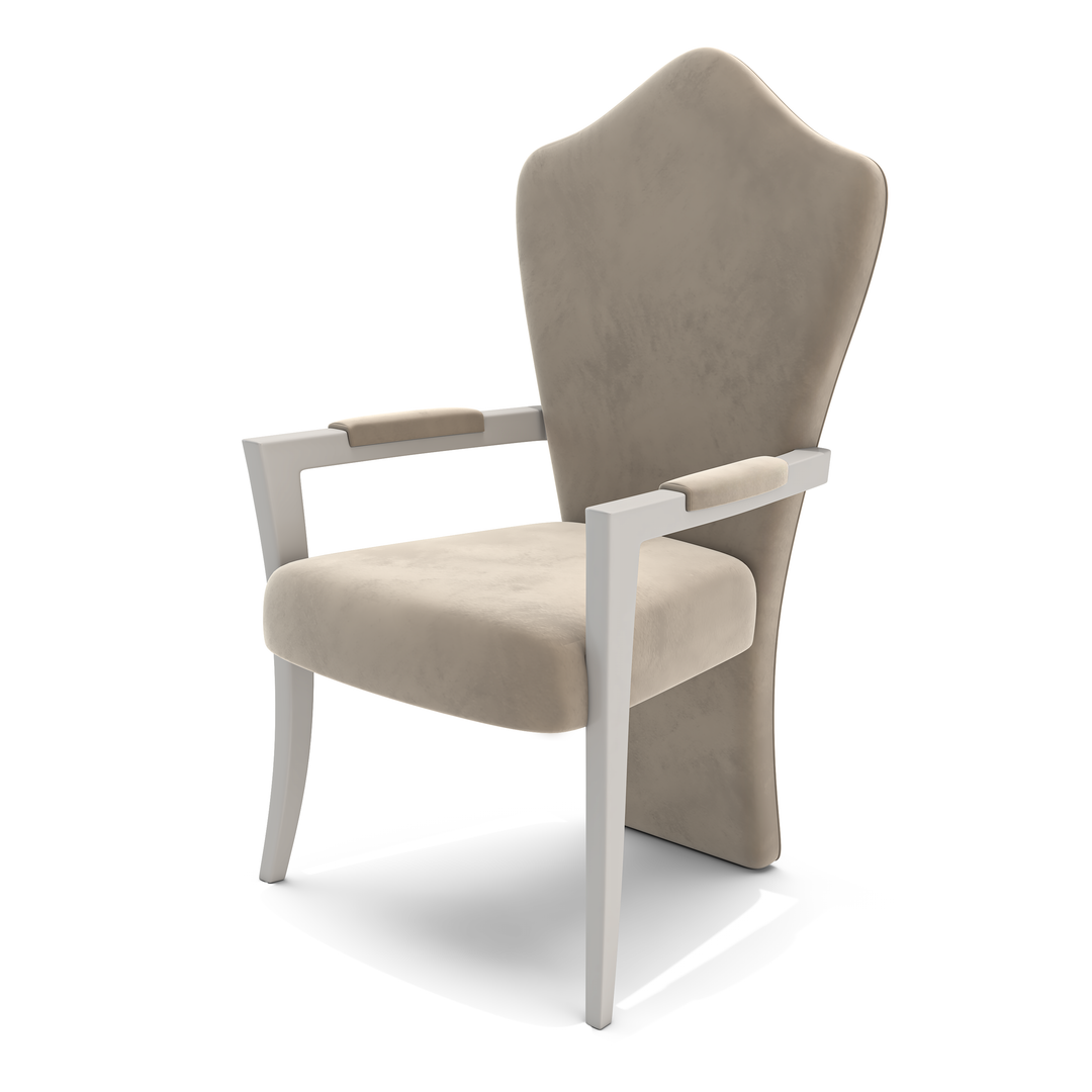 Elegant beige upholstery on Themis Dining Chair with white wooden arms and legs