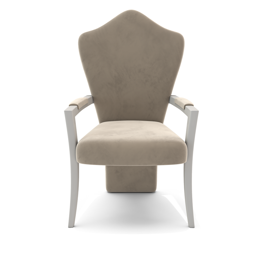 Themis Dining Chair with upholstered seat, high flared back, and light wooden arms