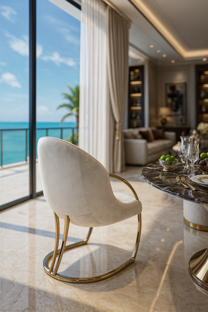 Elegant Aether Dining Chair with cream velvet upholstery and curved gold metal base