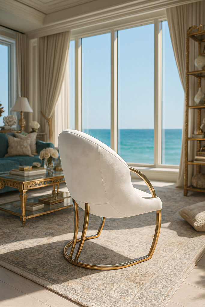 Aether Dining Chair with white velvet upholstery and gold metal frame