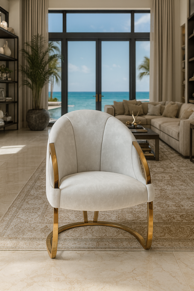 Aether Dining Chair with white upholstery and gold metal arms and base