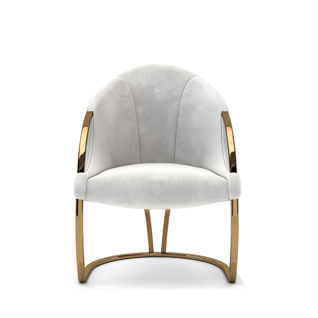 Aether Dining Chair with white velvet upholstery and gold metal frame accents