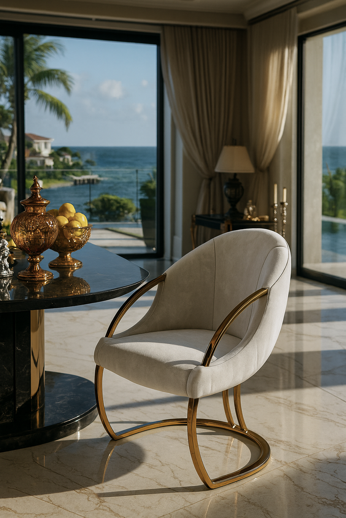 Aether Dining Chair with cream-colored upholstery and gold-toned metal frame