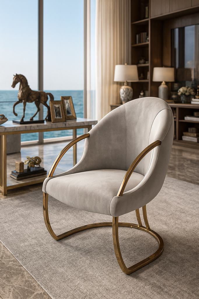 Light gray velvet upholstery on Aether Dining Chair with gold metal frame and armrests
