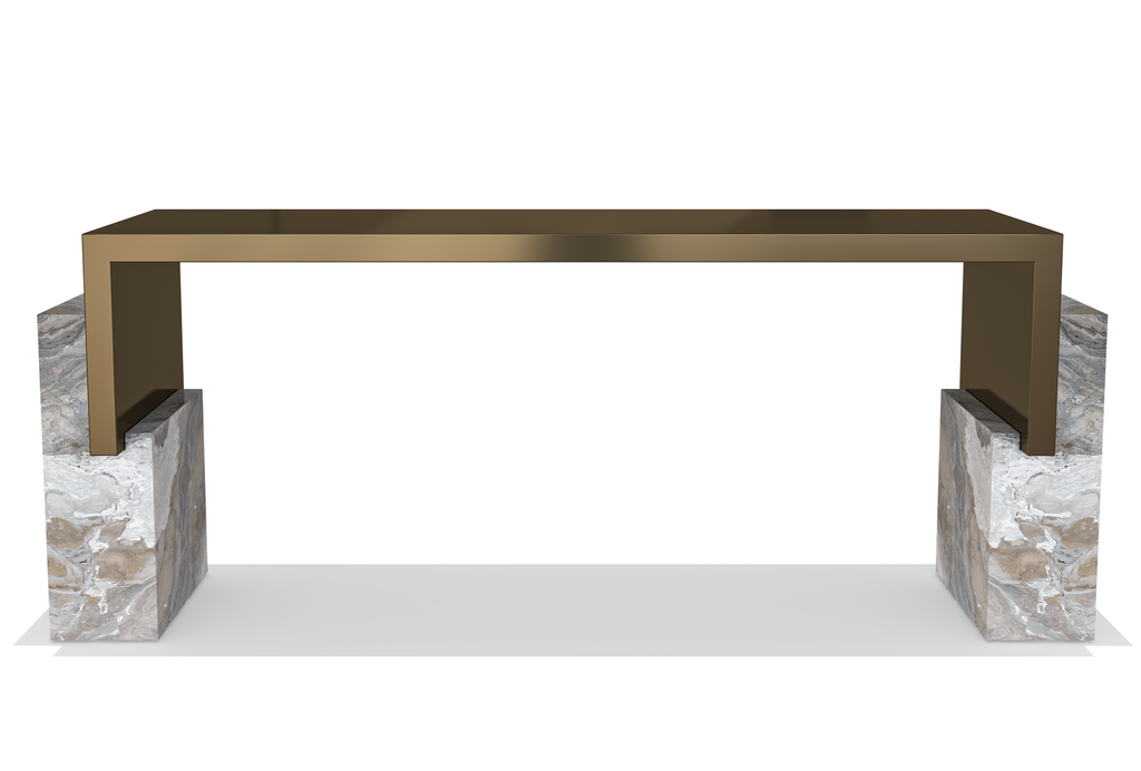 Calypso Metal Resin Console with rectangular bronze top and marble block bases