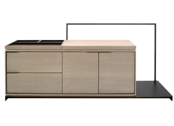 Light-colored wooden York Valet cabinet with drawers and black metal frame for stylish storage