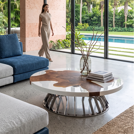 White Amiata Walnut Wood Round Coffee Table