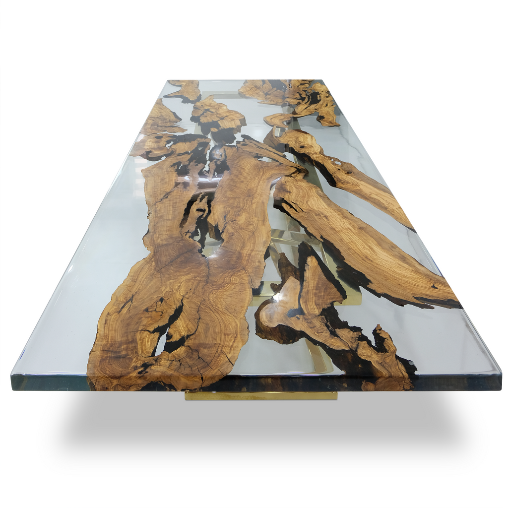 Abruzzo Olive Dining Table from Arditi Collection® with live-edge wood and clear resin
