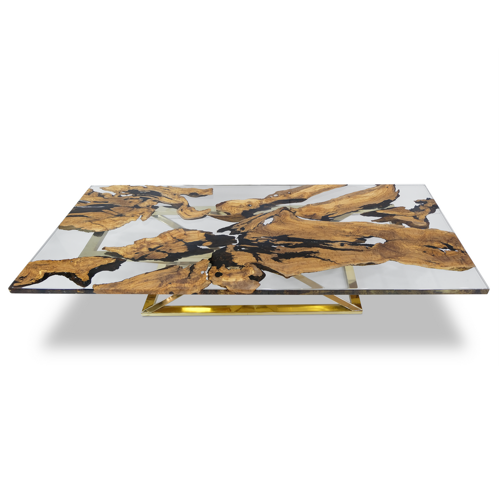 Abruzzo Olive Dining Table from Arditi Collection featuring a clear resin top and gold metal base