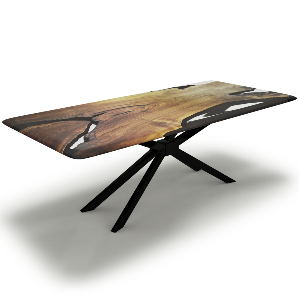 Alcantara Walnut Wood Dining Table with live-edge walnut top and black metal splayed legs