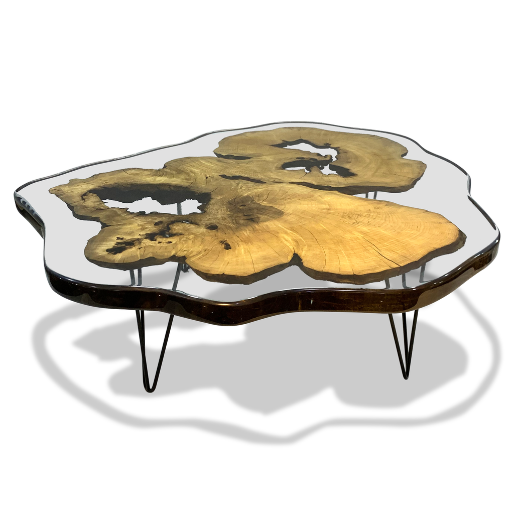 Amorphous Hollow Ashwood Coffee Table with clear resin and embedded wood slices
