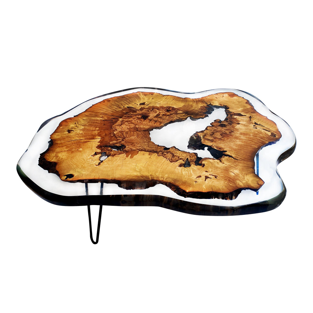 Live edge wood and clear resin Amorphous Hollow Ashwood Coffee Table with hairpin legs