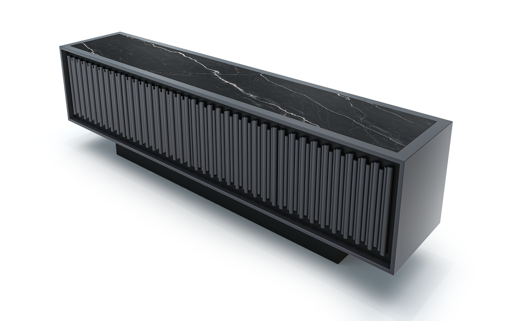 Matte black lacquered Agathon Credenza with ribbed front and marble top