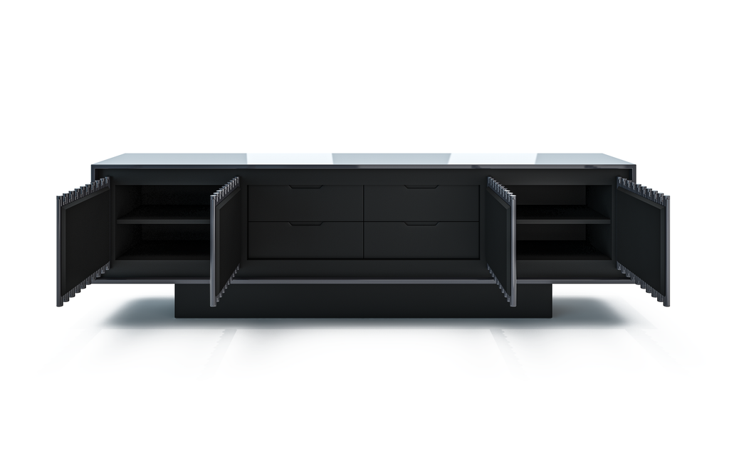 Matte black lacquered Agathon Credenza with black lacquered wood, open cabinets, and drawers