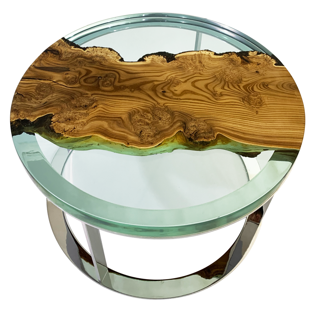 Aquamarine Dodona Silverberry coffee table with round resin and wood top and chrome base