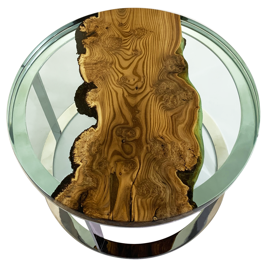 Aquamarine Dodona Silverberry Coffee Table with natural wood slab encased in clear resin