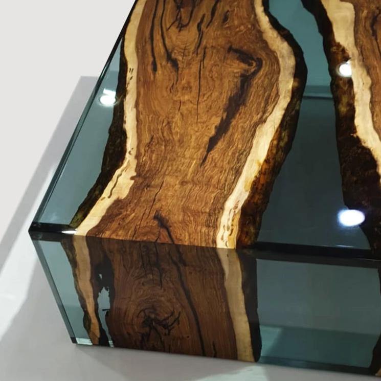 Aquamarine Walnut Wood Waterfall Coffee Table with live-edge walnut wood slab in clear resin