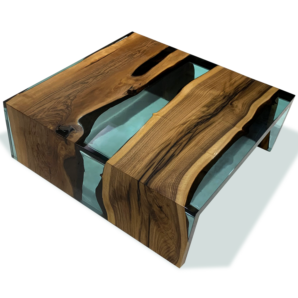Aquamarine Walnut Wood Waterfall Coffee Table with modern wood and resin river design