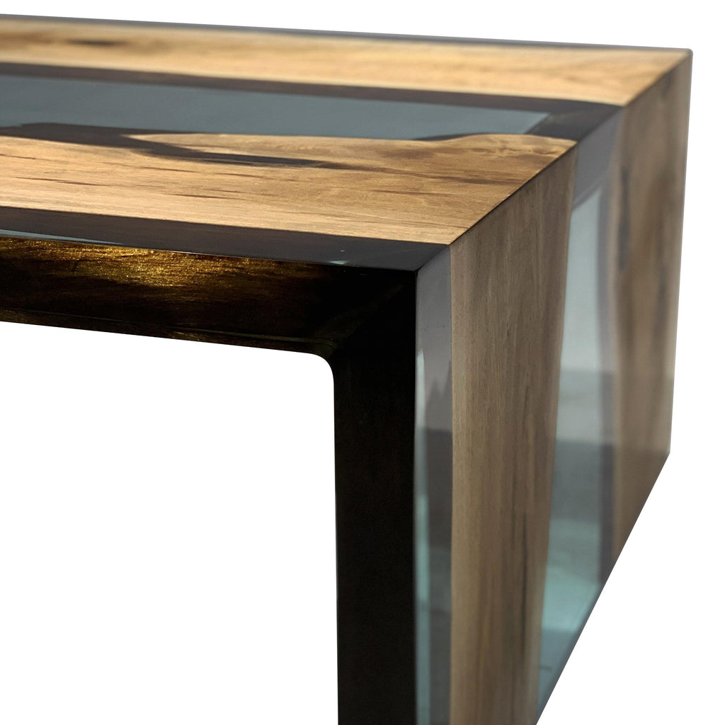Aquamarine Walnut Wood Waterfall Coffee Table with modern wooden design and black resin border
