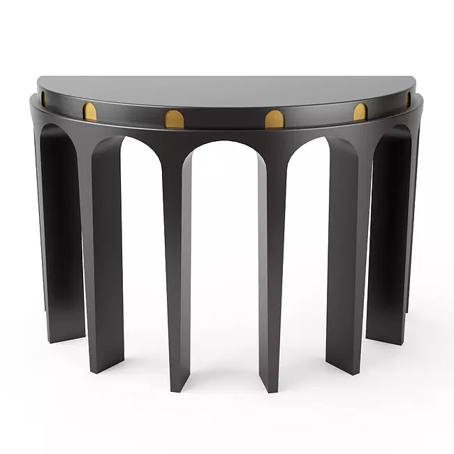 Modern black arch demi round coffee table with gold accents and arched legs